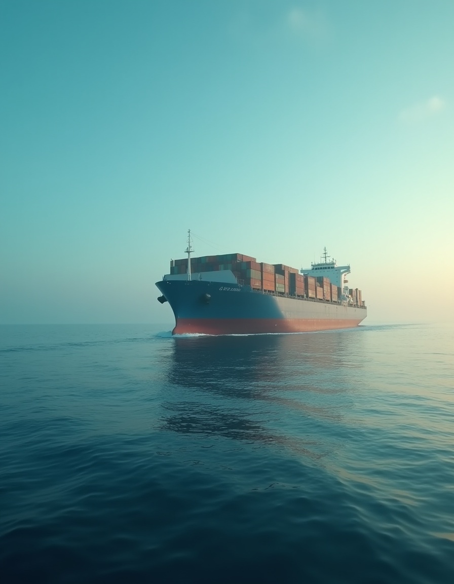 Commercial vessel at sea at dawn